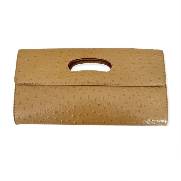 HOBO Handbags - HOBO INTERNATIONAL Ostrich Leather Clutch Bag Tan Magnetic Clasps Small